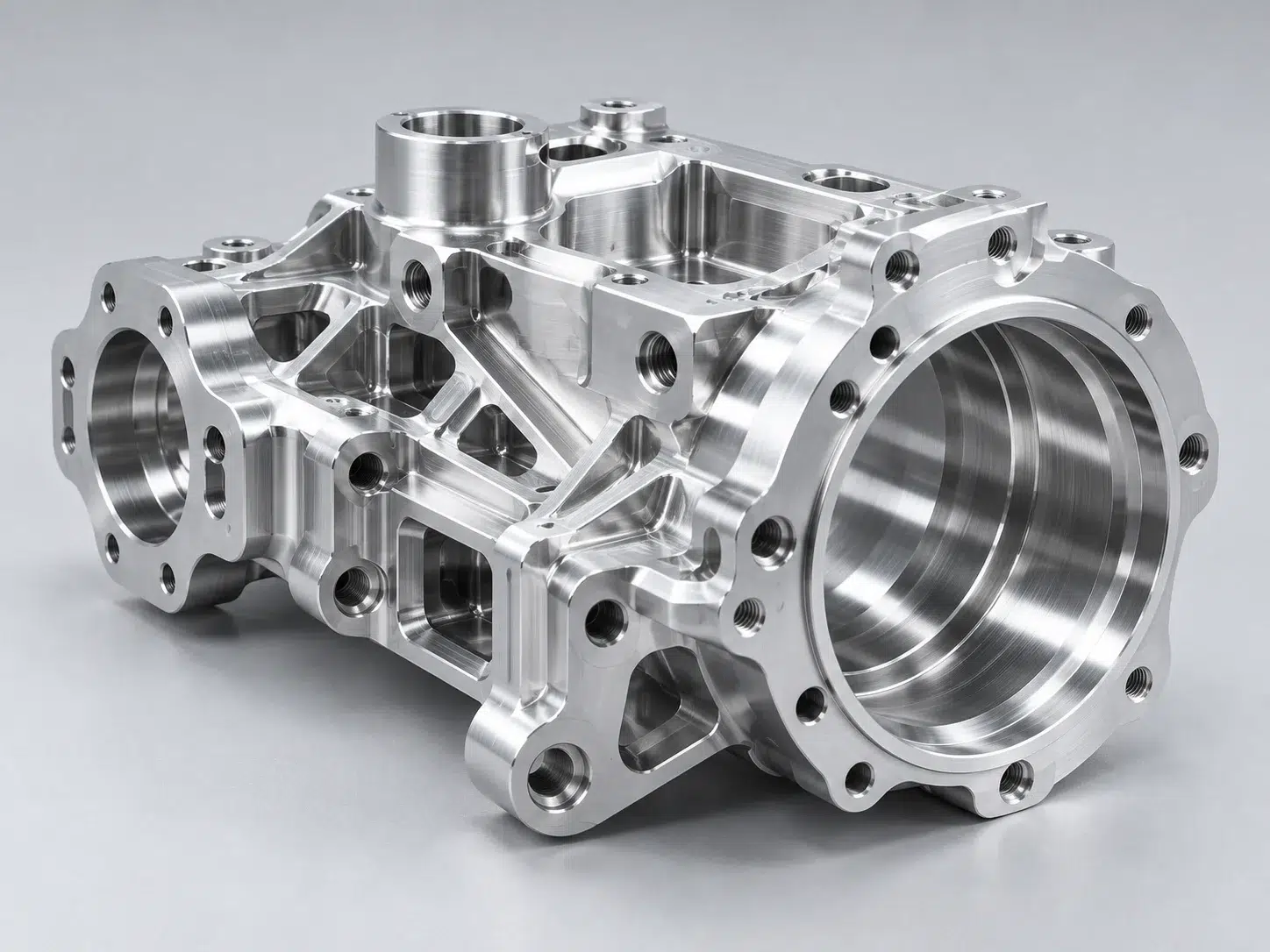 Precision CNC machined aluminum housing with complex bores, pockets and threaded features